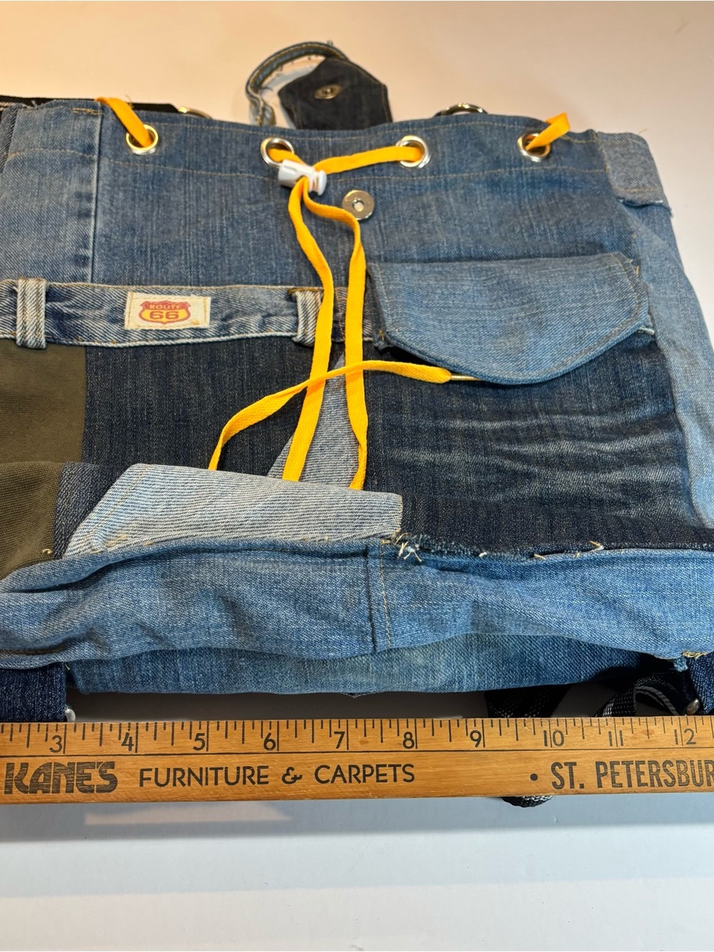 90’s Route 66 Jeans Purse Tote Bag Lined Handmade Denim Pockets Patchwork - Picture 12 of 12